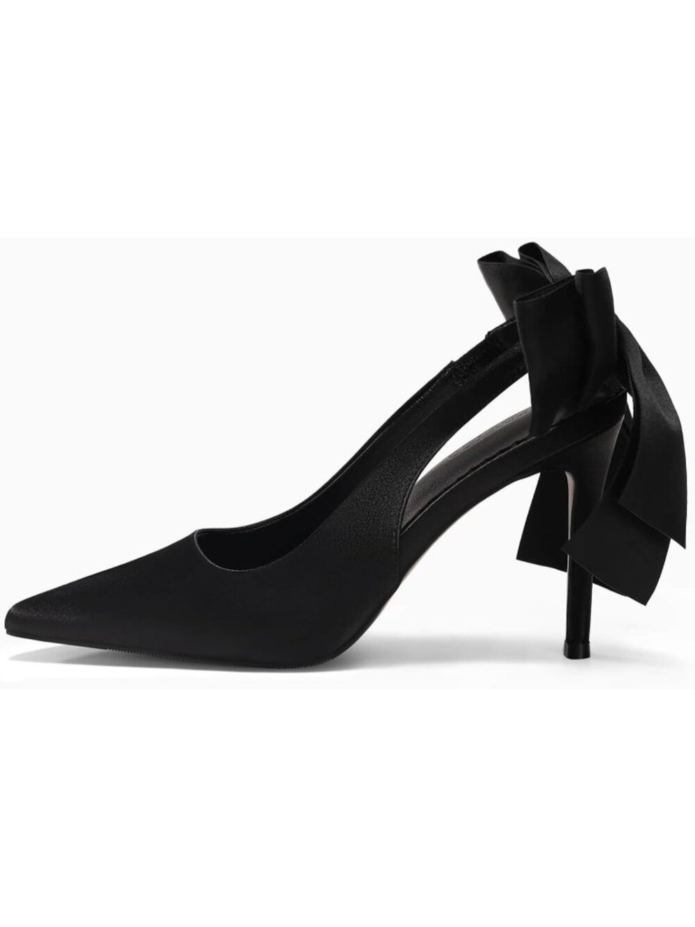 Women's Black Slingback High Heels with Bow Closed Pointed Toe Dress Satin Pumps - Picture 4 of 6